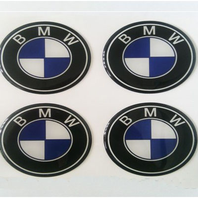 Наклейка на диск BMW d60 мм cиликон (Бело-синий логотип на черном фоне)+ с логотипом на колпачок колесных дисков