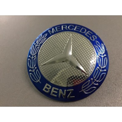 Наклейка на диск Mercedes D56 мм алюминий, выпуклый (Синий логотип на серебристом фоне) с логотипом на колпачок колесных дисков